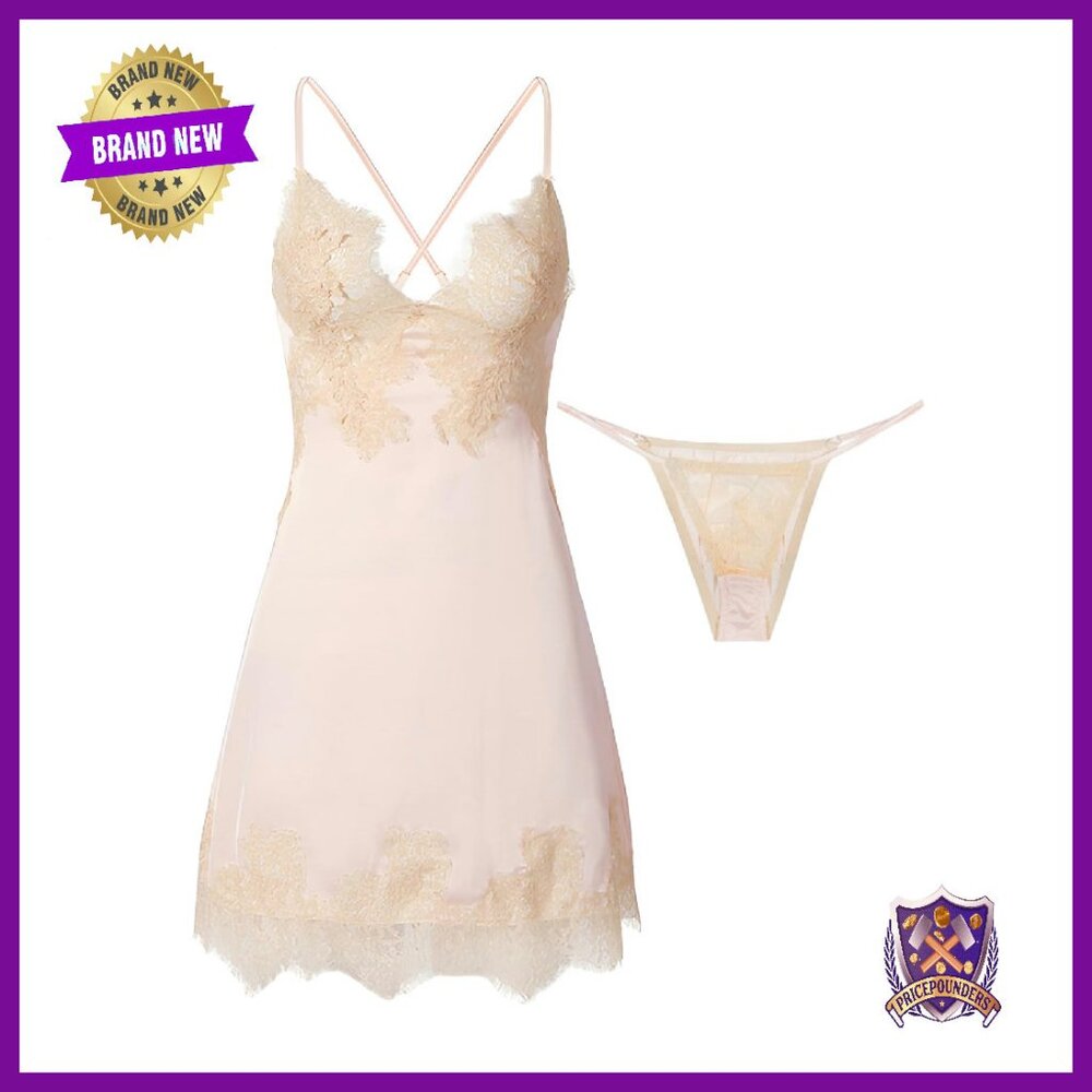 Silk Lace Up Backless Babydoll Lingerie Dress 2 Piece Set